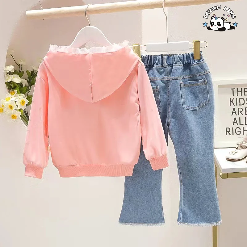 LEZONKIDS - Factory Direct Price Autumn Long Sleeve Hooded Denim Pants  Kids Girls Clothing Set for 2 to 14T Child